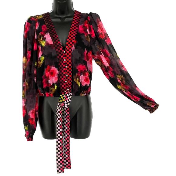 Le Superbe Women Cyber Floral Button Crop Blouse in Black/Multi Size 0 - Picture 1 of 10